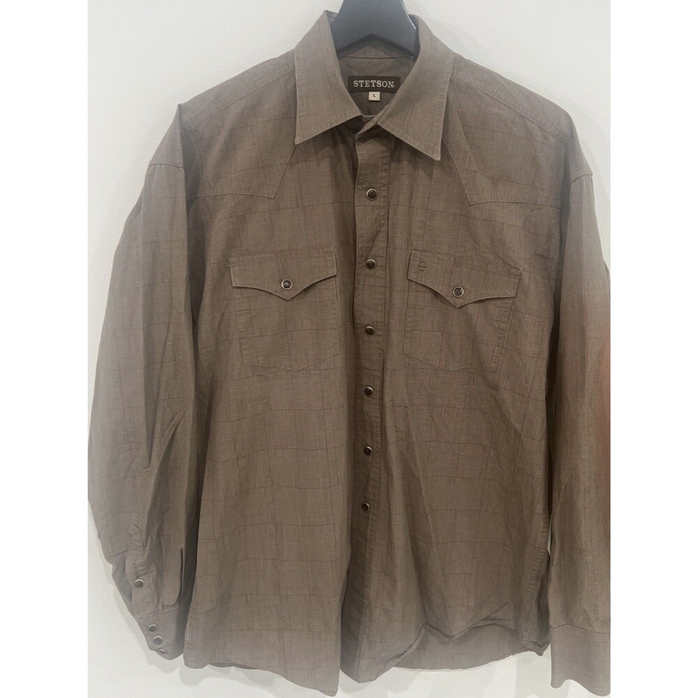 Stetson Western Pearl Snap Plaid Long Sleeve Shirt Large Brown Cotton Size L